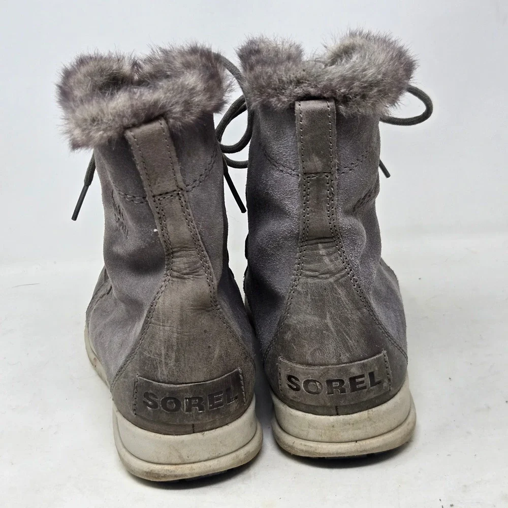 Sorel Explorer Joan Waterproof Winter Boots‎ Grey Suede Faux Fur NL3039-052 Sz 9